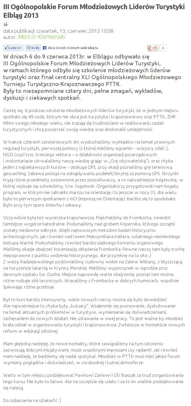 III Ogólnopolskie Forum Młodzieżowych Liderów Turystyki Elbląg 2013